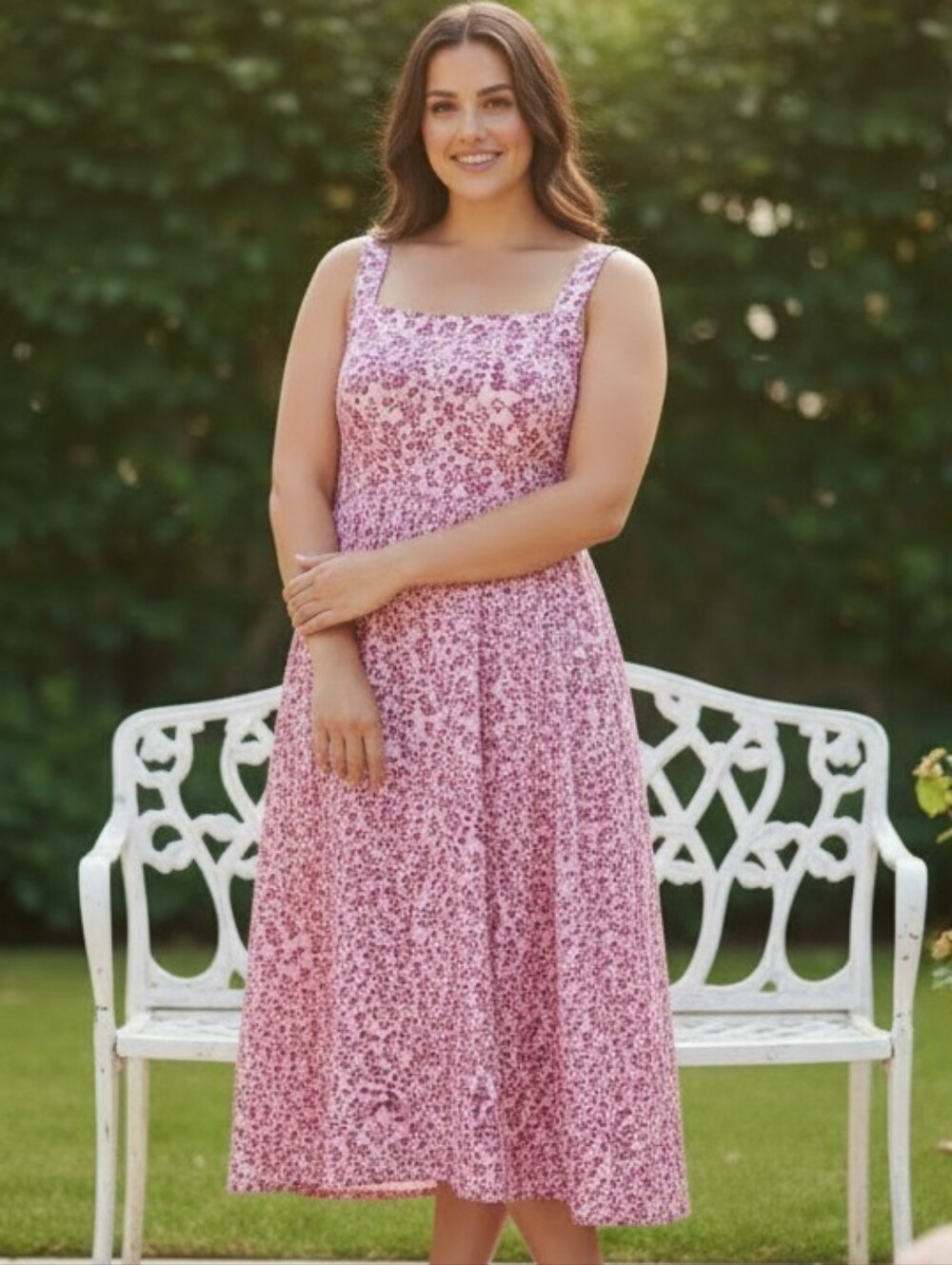 Beautiful Sleeveless Satin- Like Pink Floral Square-Neck Midi Dress